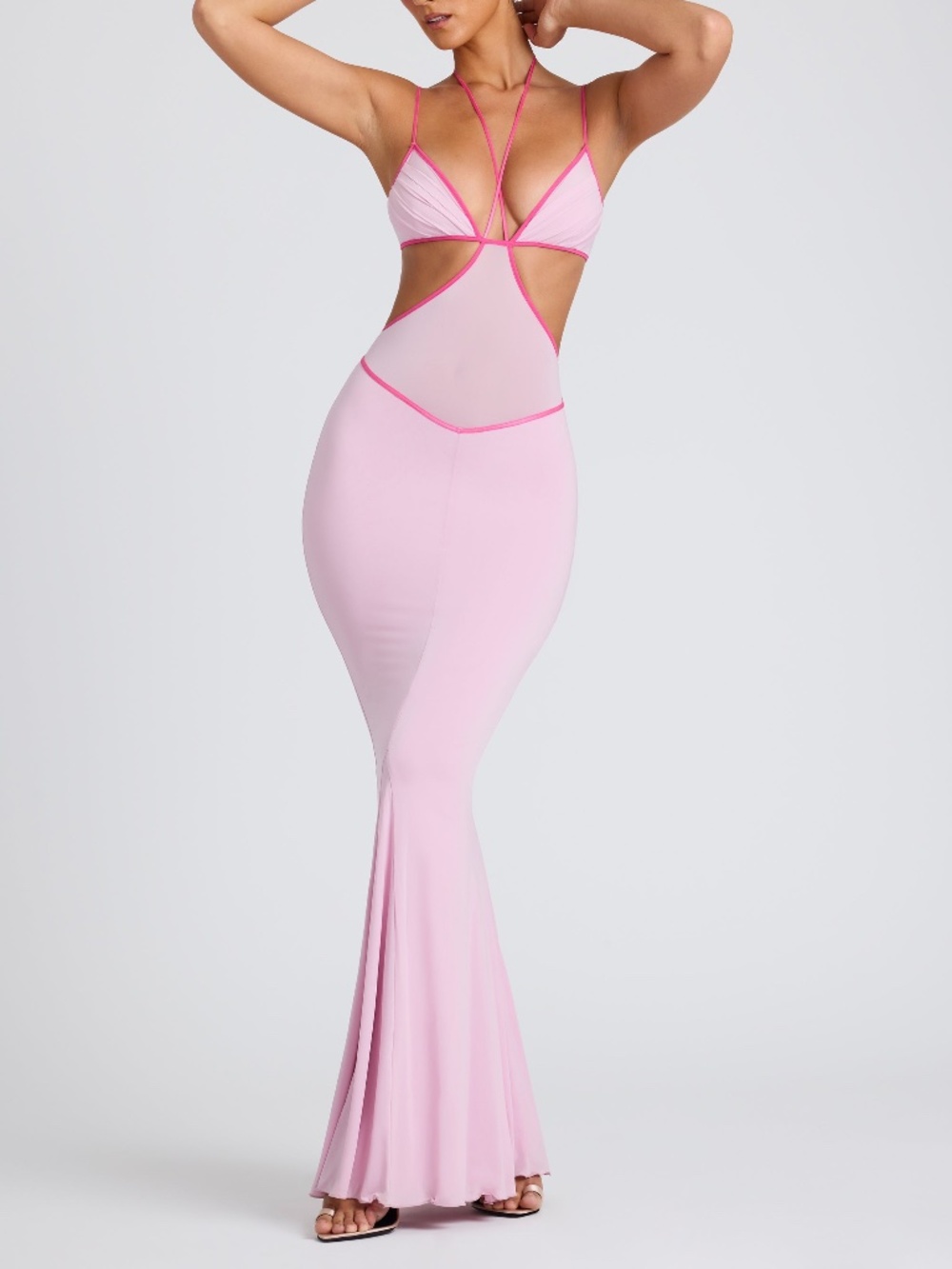 Oh Polly Contrast Binding Cut Out Evening Gown in Soft Pink 4 / Plus Cup